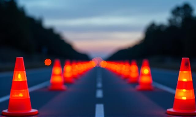 Arbeitsbereich an einer Straße mit Warnleuchten und Absperrungen