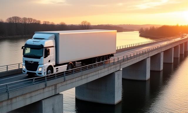 Moderner LKW auf einer Autobahnbrücke bei Sonnenuntergang