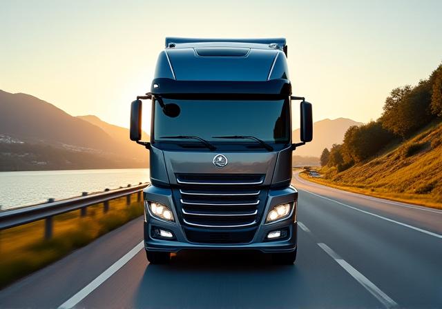 Ein moderner LKW auf einer österreichischen Autobahn vor Bergkulisse